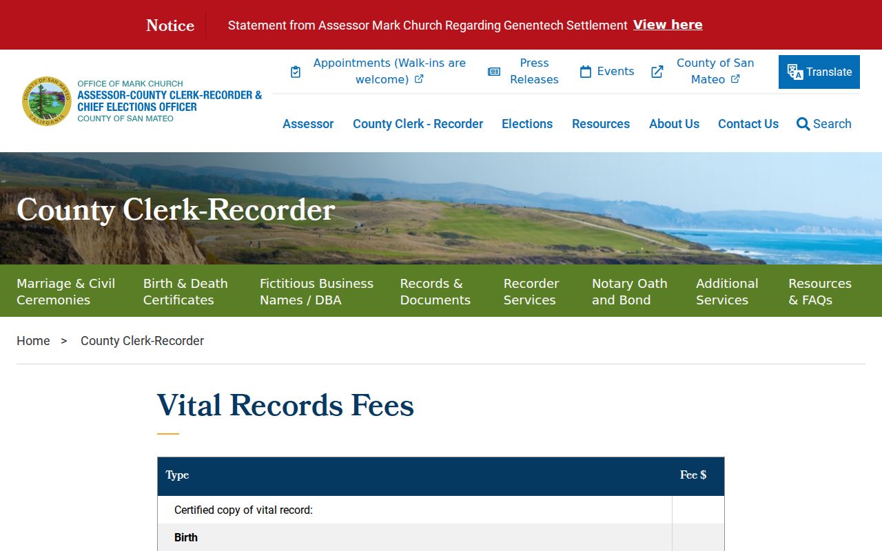 East Palo Alto resident lookup county vital records fees